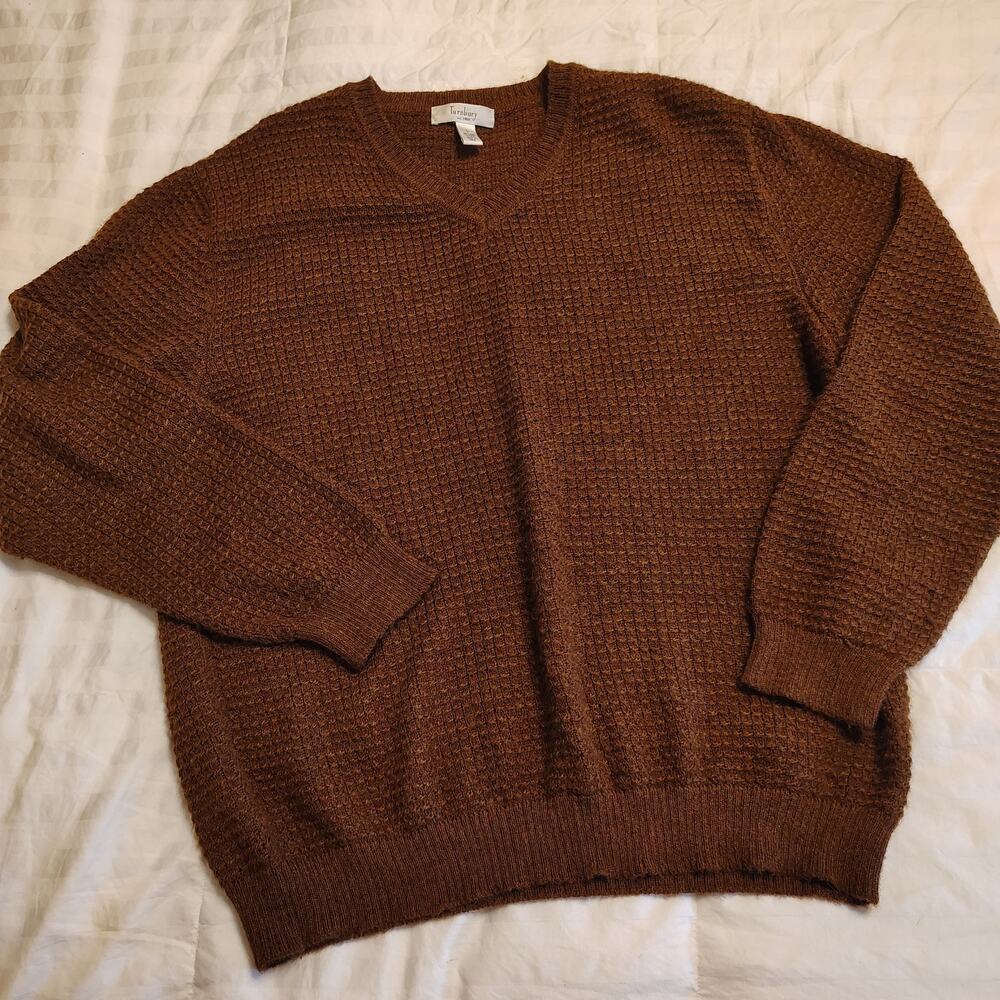 Turnbury 100% Baby Alpaca Sweater Large Brown V Neck Knit Peru